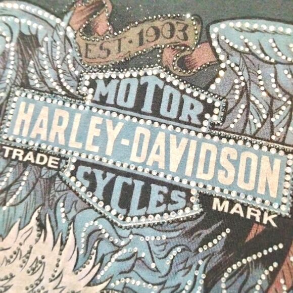 Harley Davidson Women's Tee Shirt Sz M Dark Gray Bling Eagle Forever Two Wheels - Picture 8 of 10